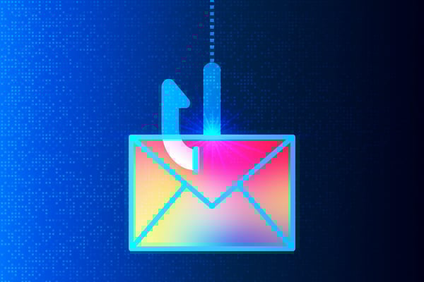 Multi-colored envelop caught on a hook to represent a phishing cyberattack